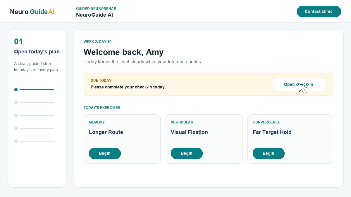 Animated walkthrough of NeuroGuide AI showing the daily plan, recovery check-in, safety setup, Far Target Hold exercise with a real patient demonstration, and completion check-in